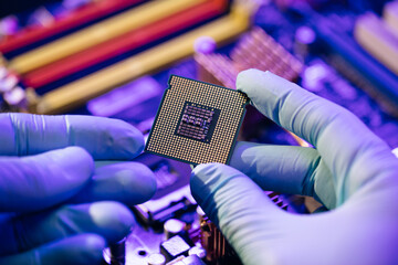CPU computer processor shallow focus. CPU socket of the computer's motherboard. Concept of...