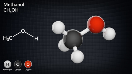 Methanol, also known as methyl alcohol among others, is a chemical with the formula CH3OH (often abbreviated MeOH). Chemical structure model: Ball and Stick. 3D illustration.