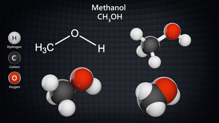 Methanol, also known as methyl alcohol among others, is a chemical with the formula CH3OH (often abbreviated MeOH). Chemical structure model: Ball and Stick + Balls + Space-Filling. 3D illustration.