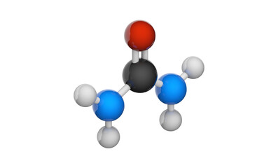 Urea, also known as carbamide, is an organic compound with the chemical formula CH4N2O. Chemical structure model: Ball and Stick. 3D illustration. Isolated on white background.