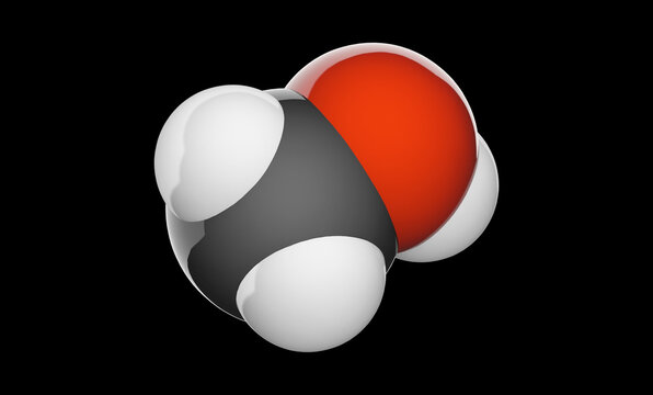 Methanol, also known as methyl alcohol among others, is a chemical with the formula CH3OH (often abbreviated MeOH). Chemical structure model: Space-Filling. 3D illustration. Black background.