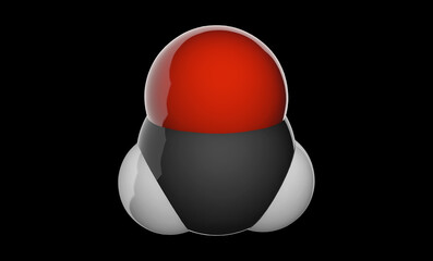 Formaldehyde is a naturally occurring organic compound with the formula H2CO or CH2O. Chemical structure model: Space-Filling. 3D illustration. Isolated on black background.