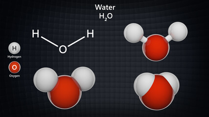 Water (Molecular formula: H2O) is a clear, odorless, tasteless liquid that is essential for most animal and plant life. Chemical structure model: Ball and Stick+Balls+Space-Filling. 3D illustration