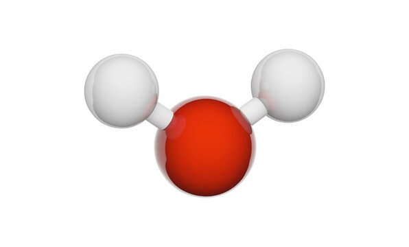 Water (Molecular formula: H2O) is a clear, odorless, tasteless liquid that is essential for most animal and plant life. Chemical structure model: Ball and Stick. 3D illustration. White background.