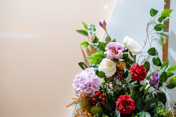room flowers, artificial flowers, composition of beech, interior design, roses clove green leaves, florist's work