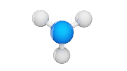 Ammonia (molecular formula: NH3 or H3N) is a colorless alkaline gas. Chemical structure model: Ball and Stick. 3D illustration. Isolated on white background.