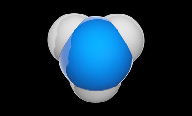 Ammonia (molecular formula: NH3 or H3N) is a colorless alkaline gas. Chemical structure model: Space-Filling. 3D illustration. Isolated on black background.