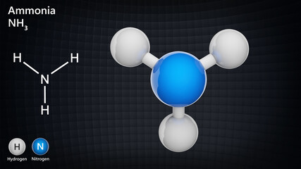 Ammonia (molecular formula: NH3 or H3N) is a colorless alkaline gas. Chemical structure model: Ball and Stick. 3D illustration.