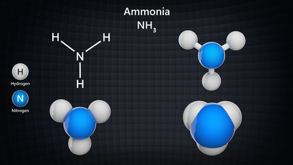 Ammonia (molecular formula: NH3 or H3N) is a colorless alkaline gas. Chemical structure model: Ball and Stick + Balls + Space-Filling. 3D illustration.