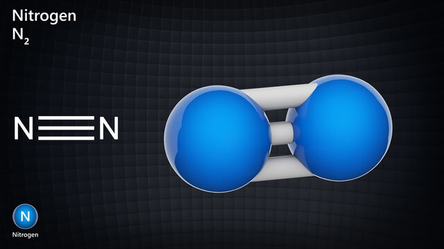 Nitrogen (N2) is a chemical element with symbol N and atomic number 7. Chemical structure model: Ball and Stick. 3D illustration.