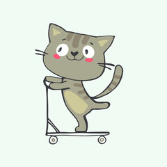 Cheerful kitten is riding a scooter