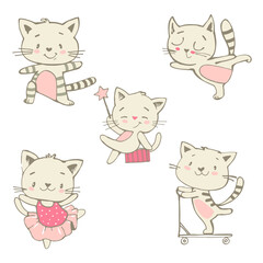 Little cats ride, dance, do exercises, vector.