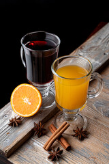 Seasonal hot beverages buckthorn tea and honey grog, wooden rustic table, top view