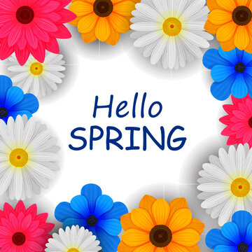 Colorful springtime background with beautiful flowers. Hello, spring text. Vector illustration