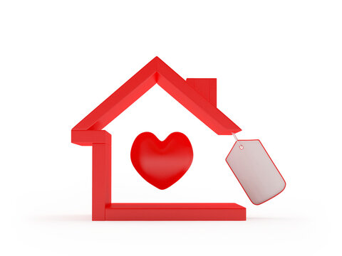 Red house icon with heart and blank label isolated on white background. 3d illustration