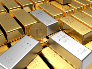 Rows of gold bars with bitcoin coin and silver bars. 3D illustration
