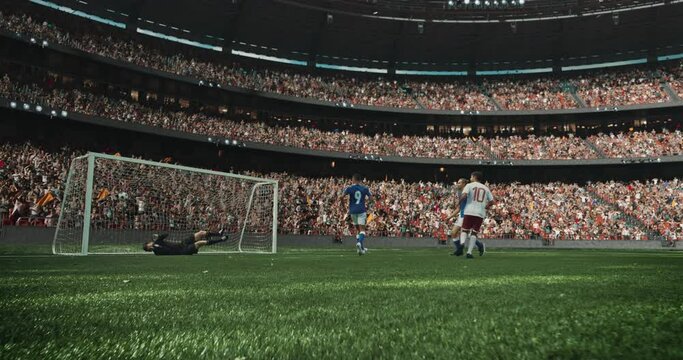 4k dynamic shot of soccer game moment on the professional stadium made in 3d with animated crowd. Sunny weather.