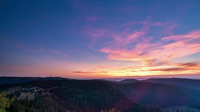 Beautiful sunrise on the top of the mountains in Feldberg. Black Forest at dawn