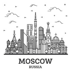 Outline Moscow Russia City Skyline with Modern and Historic Buildings Isolated on White.