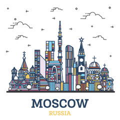 Outline Moscow Russia City Skyline with Colored Historic Buildings Isolated on White.