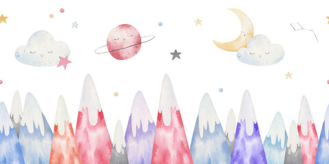 seamless border pattern with colored mountains, clouds, stars, nature, childrens illustration in watercolor