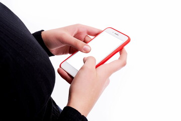 Hands holding phone on white background and with copy space