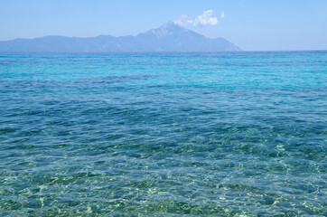beautiful blue sea and holy mount Athos