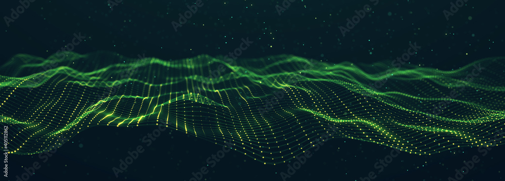 Aufkleber Futuristic wave on dark background. Colored pattern of connection dots and lines. Technology or Science Banner. 3D