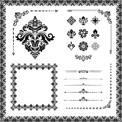 Vintage set of horizontal, square and round elements. Different elements for backgrounds, frames and monograms. Classic black patterns. Set of vintage patterns