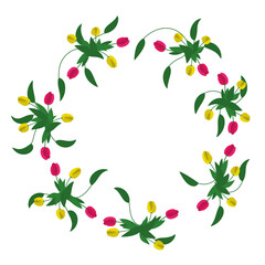 floral wreath for joyful greetings, yellow and red tulips with leaves