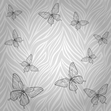 Beautiful seamless pattern with butterflies of abstract striped background.