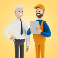 The builder and the customer are discussing the work plan. Acceptance of apartments. 3D illustration in cartoon style.