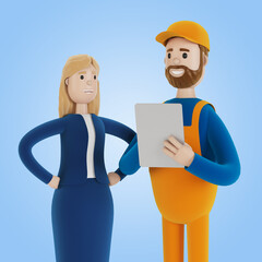 The builder with the customer are discussing the work plan. Acceptance of apartments. 3D illustration in cartoon style.