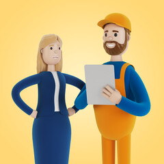 The builder with the customer are discussing the work plan. Acceptance of apartments. 3D illustration in cartoon style.