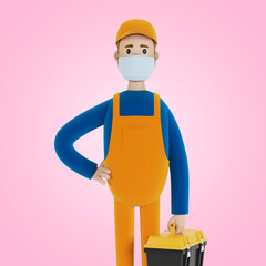 Master for an hour with a toolbox. Builder. 3D illustration in cartoon style.