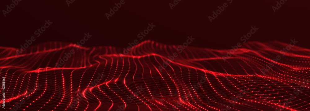 Poster Futuristic wave on dark background. Colored pattern of connection dots and lines. Technology or Science Banner. 3D