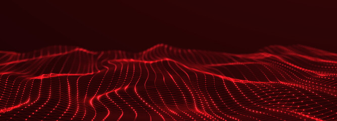 Futuristic wave on dark background. Colored pattern of connection dots and lines. Technology or Science Banner. 3D