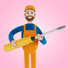 Master for an hour with a big screwdriver. Builder. 3D illustration in cartoon style.
