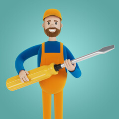 Master for an hour with a big screwdriver. Builder. 3D illustration in cartoon style.