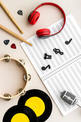 Background music flat design - instruments, microphone and headphones, top view