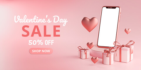 Smartphone Mockup Valentine Day Sale Love Heart Shape and Gift Box 3D Rendering - 405114656