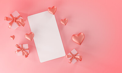 Card Mockup Template Valentine Wedding Love Heart Shape and Gift Box Top View 3D Rendering