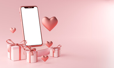 Smartphone Mockup Valentine Theme Love Heart Shape and Gift Box 3D Rendering - obrazy, fototapety, plakaty