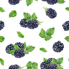 Watercolor seamless pattern blackberries isolated on white background.