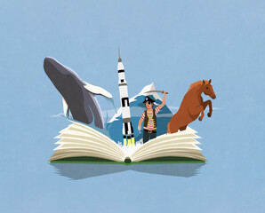 Imaginative boy pirate reading adventure travel book
