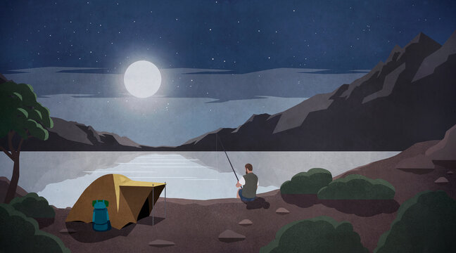 Moonlight over man fishing at remote lakeside campsite
