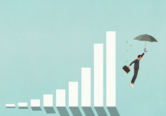 Male investor with money briefcase and umbrella falling from graph
