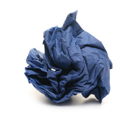 Crumpled blue paper serviette, napkin isolated on white background