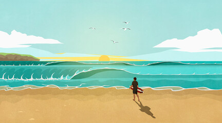 Man with surfboard watching waves on sunny idyllic summer beach
