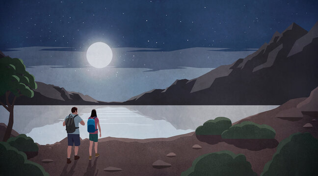 Bright full moon over couple hiking at tranquil mountain lake
